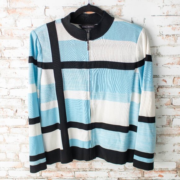 Ming Wang Women’s Petite Large Zip Front Knit Jacket Blue White Black Geometric - Picture 1 of 9